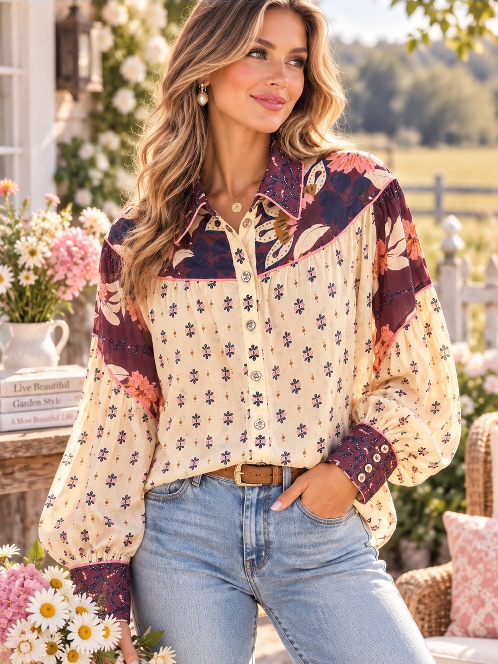 Farm Rio Western Floral Button Down Blouse Top Size M